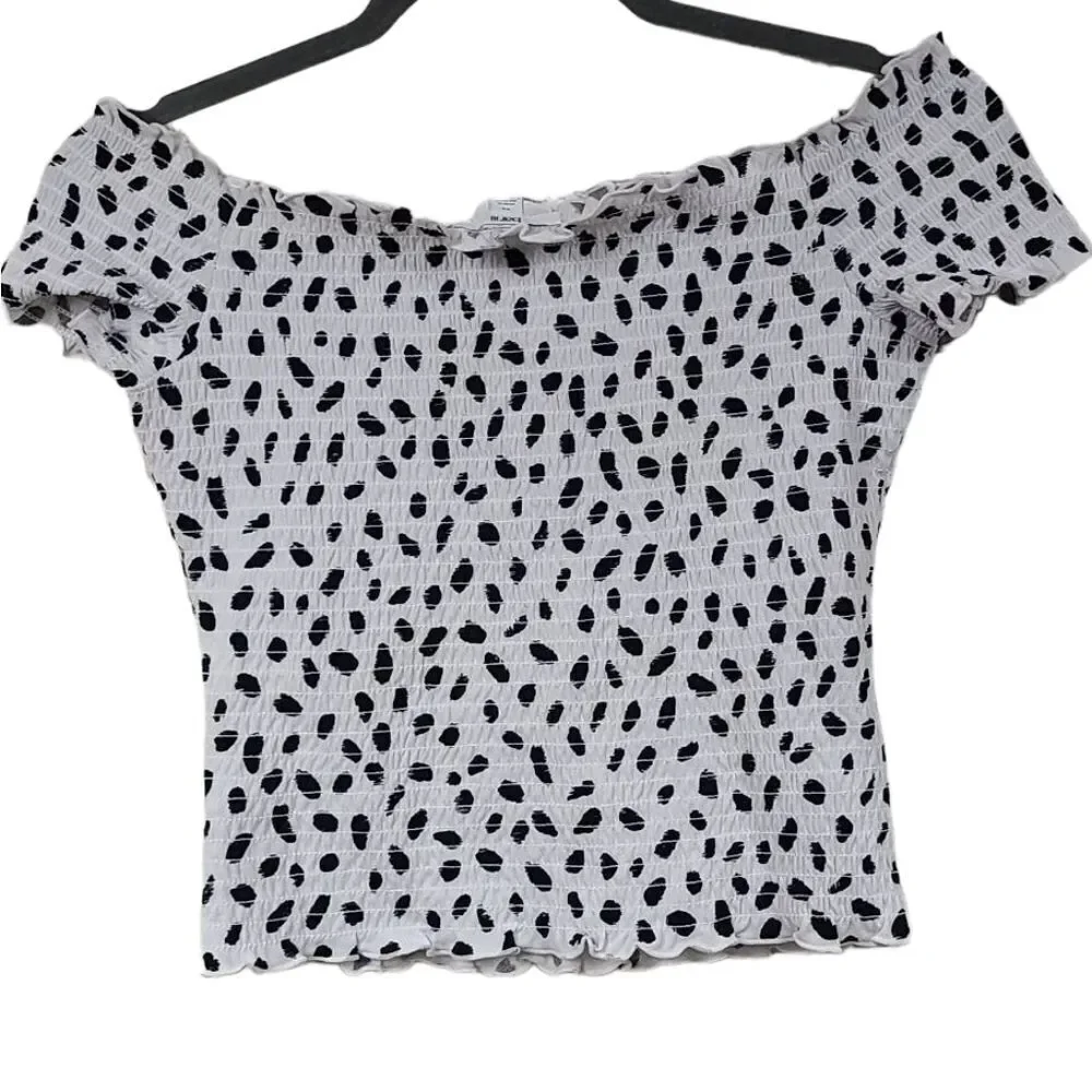 Bar III Animal Print Off Shoulder Smocked Top Black White Fitted XS Going Out